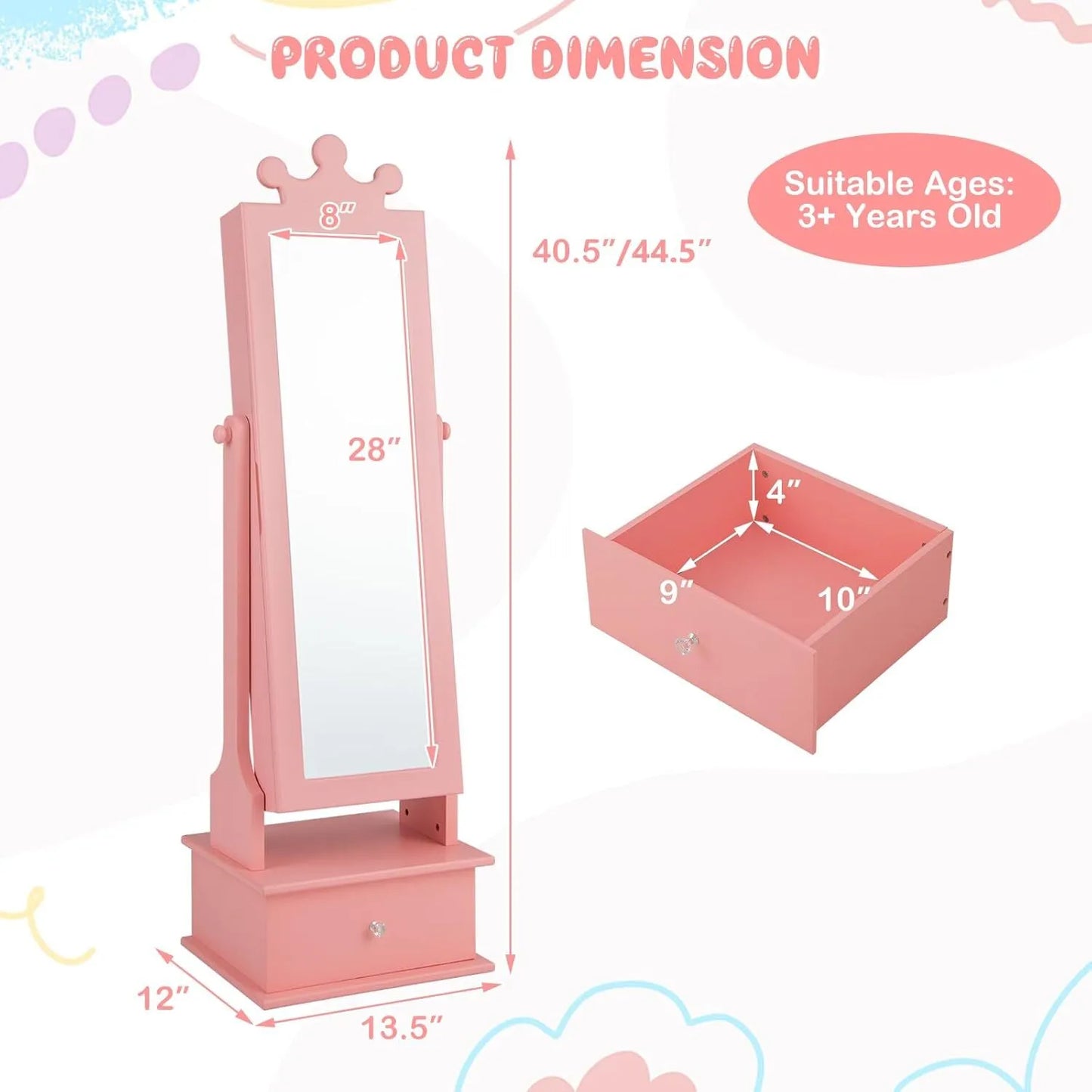 Children's Jewelry Cabinet with Full-Length Mirror and Storage Drawers