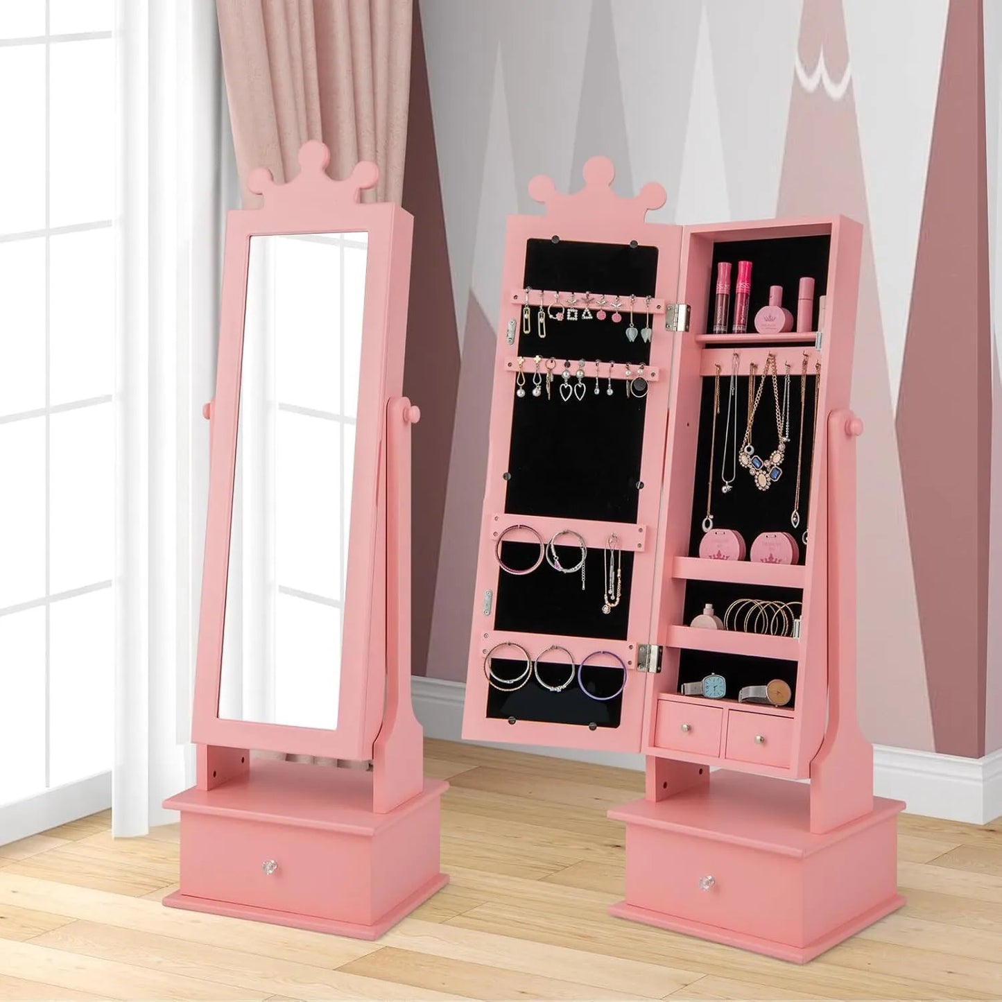 Children's Jewelry Cabinet with Full-Length Mirror and Storage Drawers