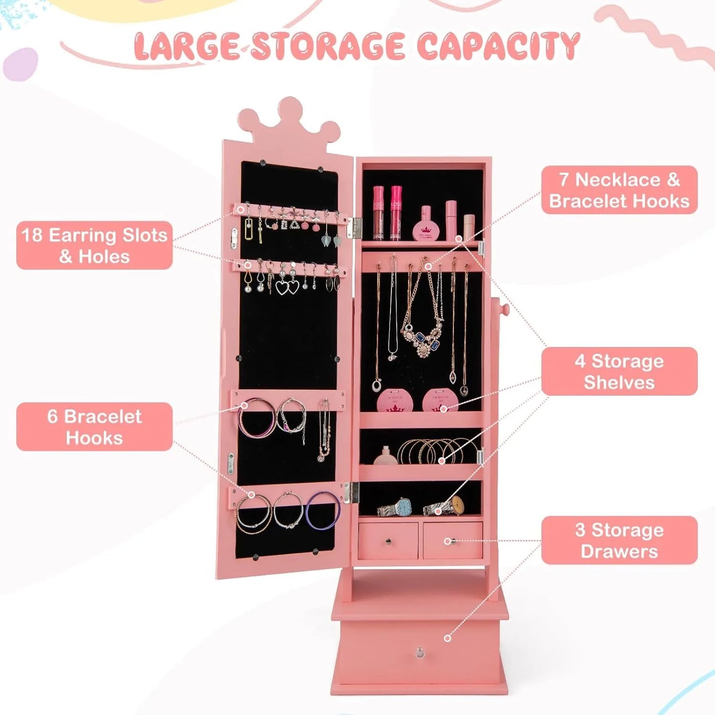Children's Jewelry Cabinet with Full-Length Mirror and Storage Drawers