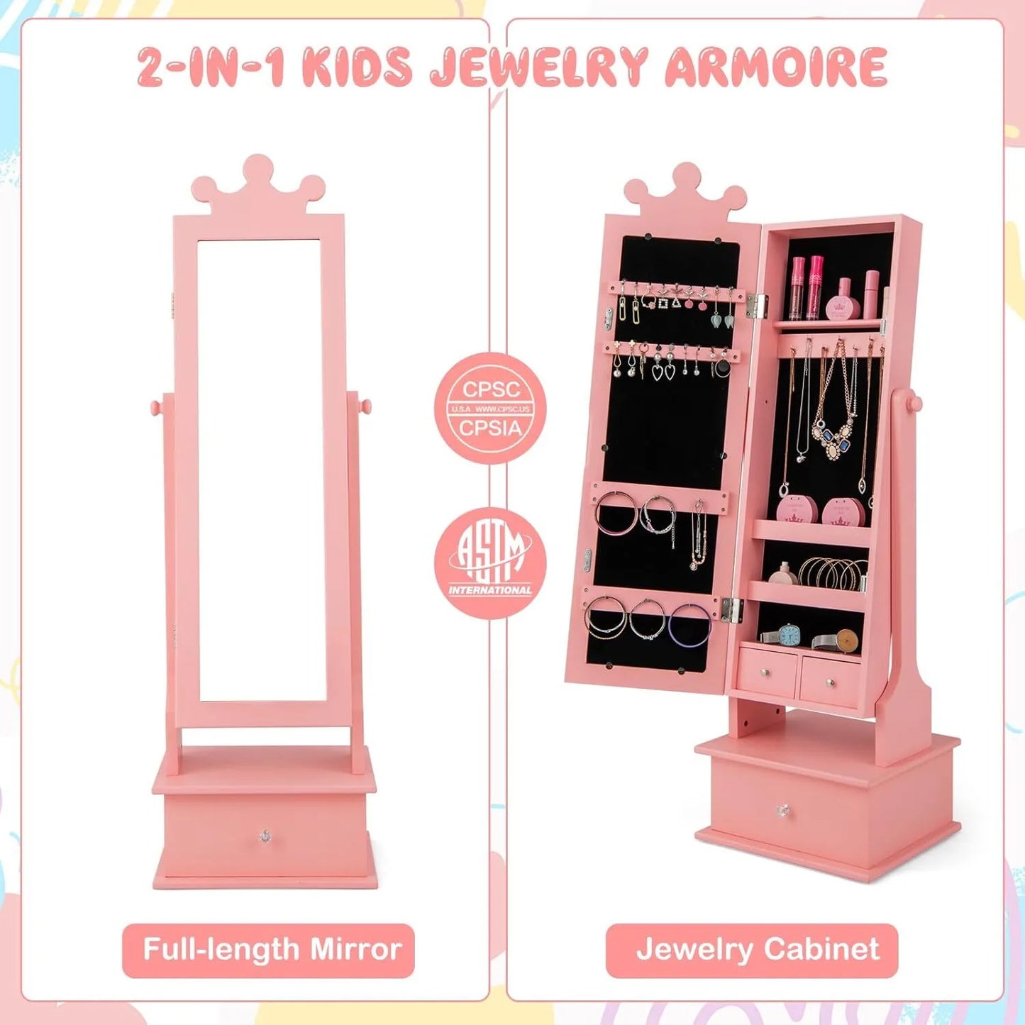 Children's Jewelry Cabinet with Full-Length Mirror and Storage Drawers