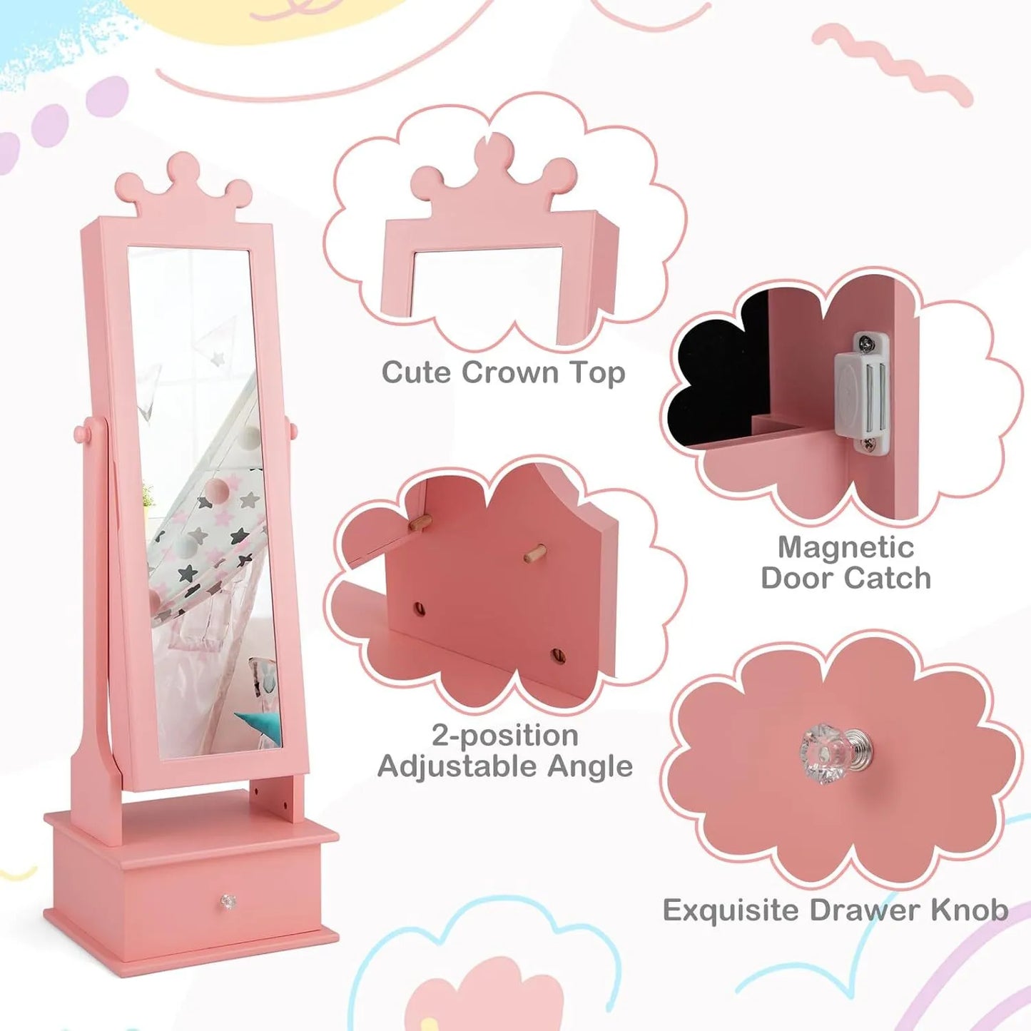 Children's Jewelry Cabinet with Full-Length Mirror and Storage Drawers