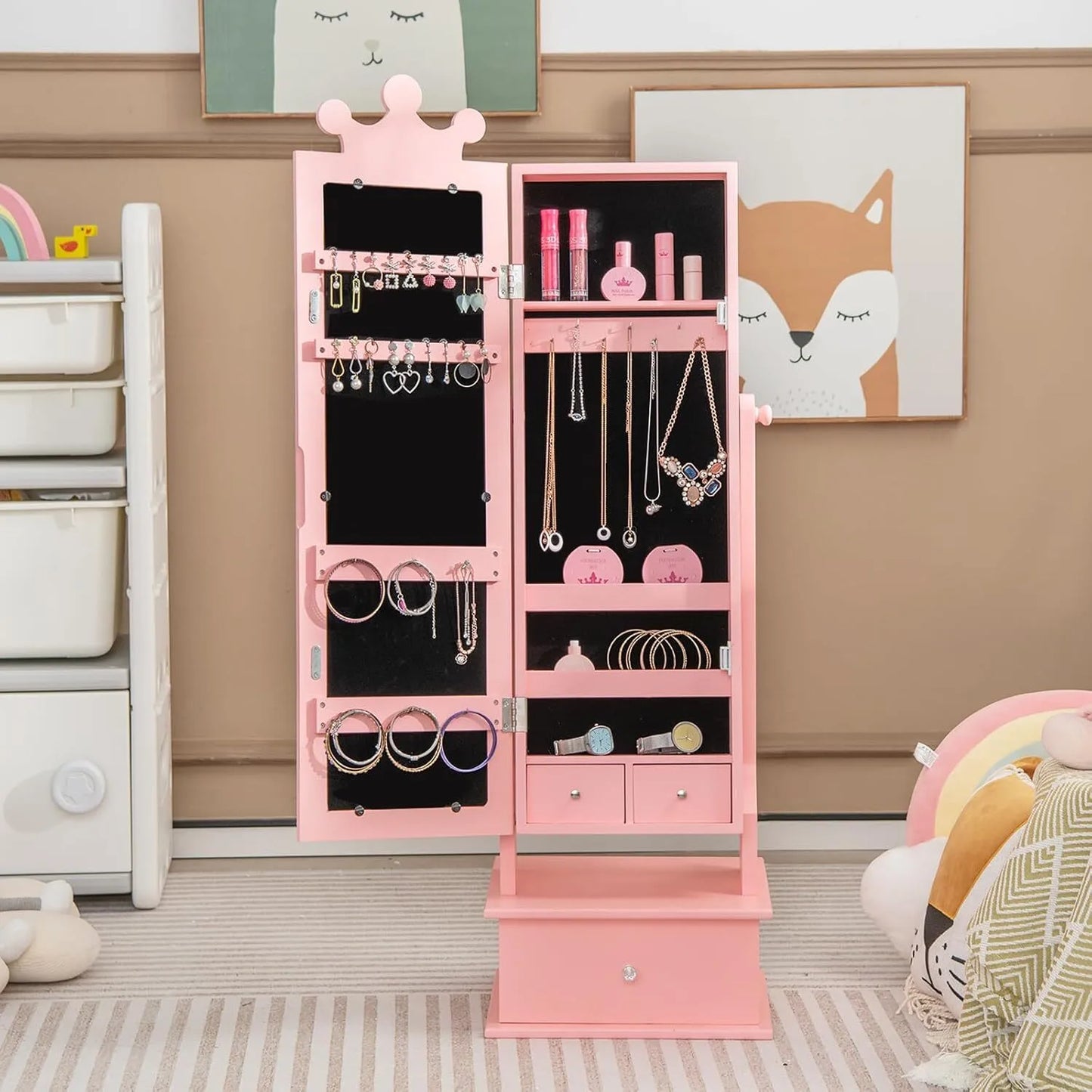 Children's Jewelry Cabinet with Full-Length Mirror and Storage Drawers