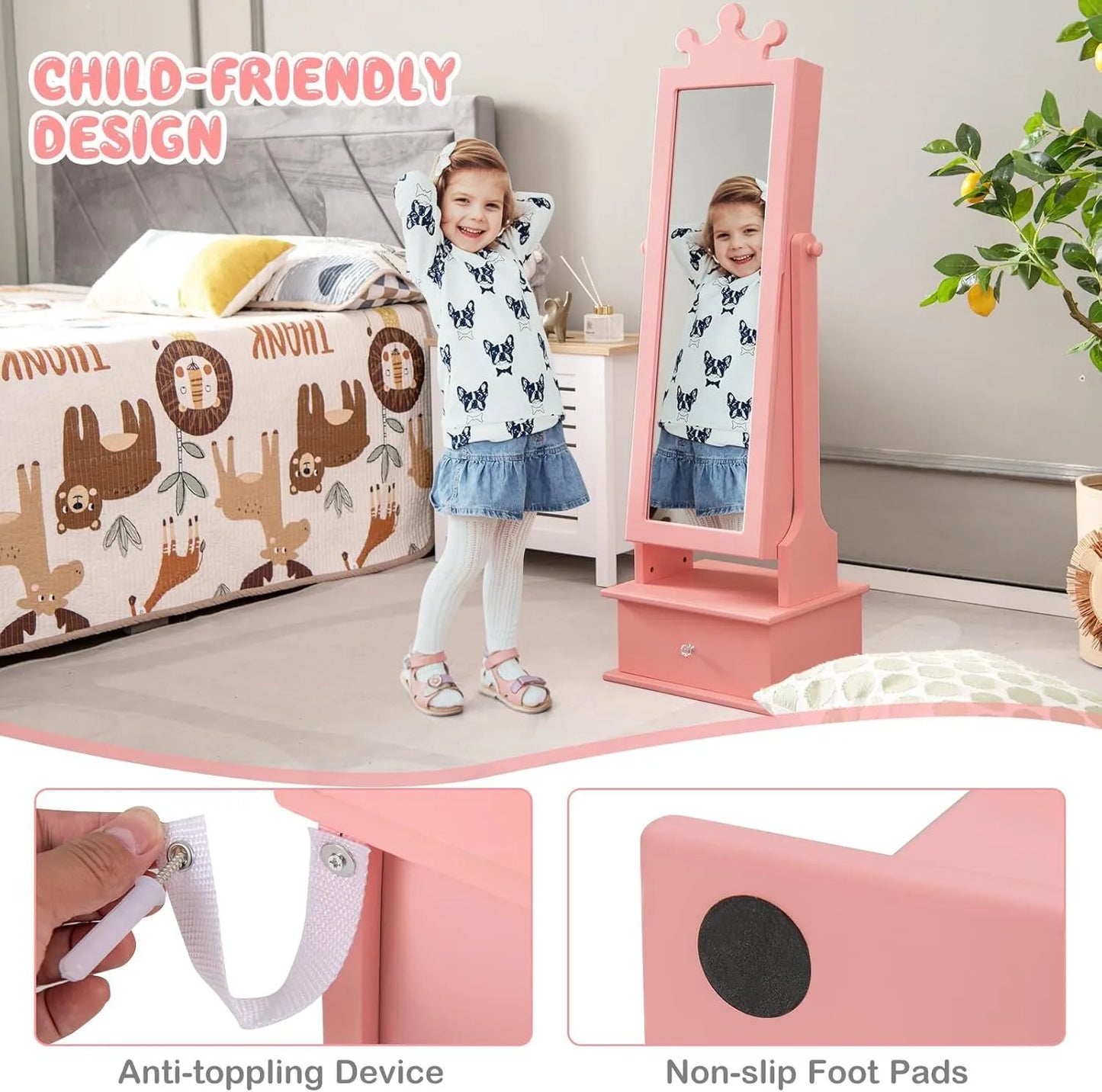 Children's Jewelry Cabinet with Full-Length Mirror and Storage Drawers